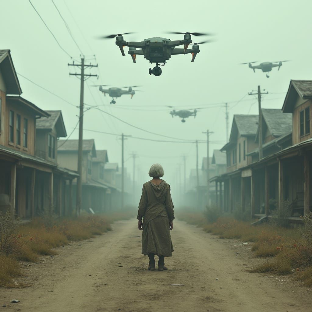 Dystopian Scene: Lone Woman and Silent Drones
