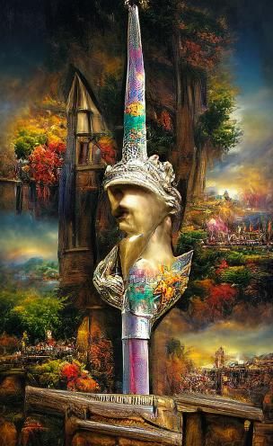 Medieval Sword Impaling Ancient Statue Headpiece
