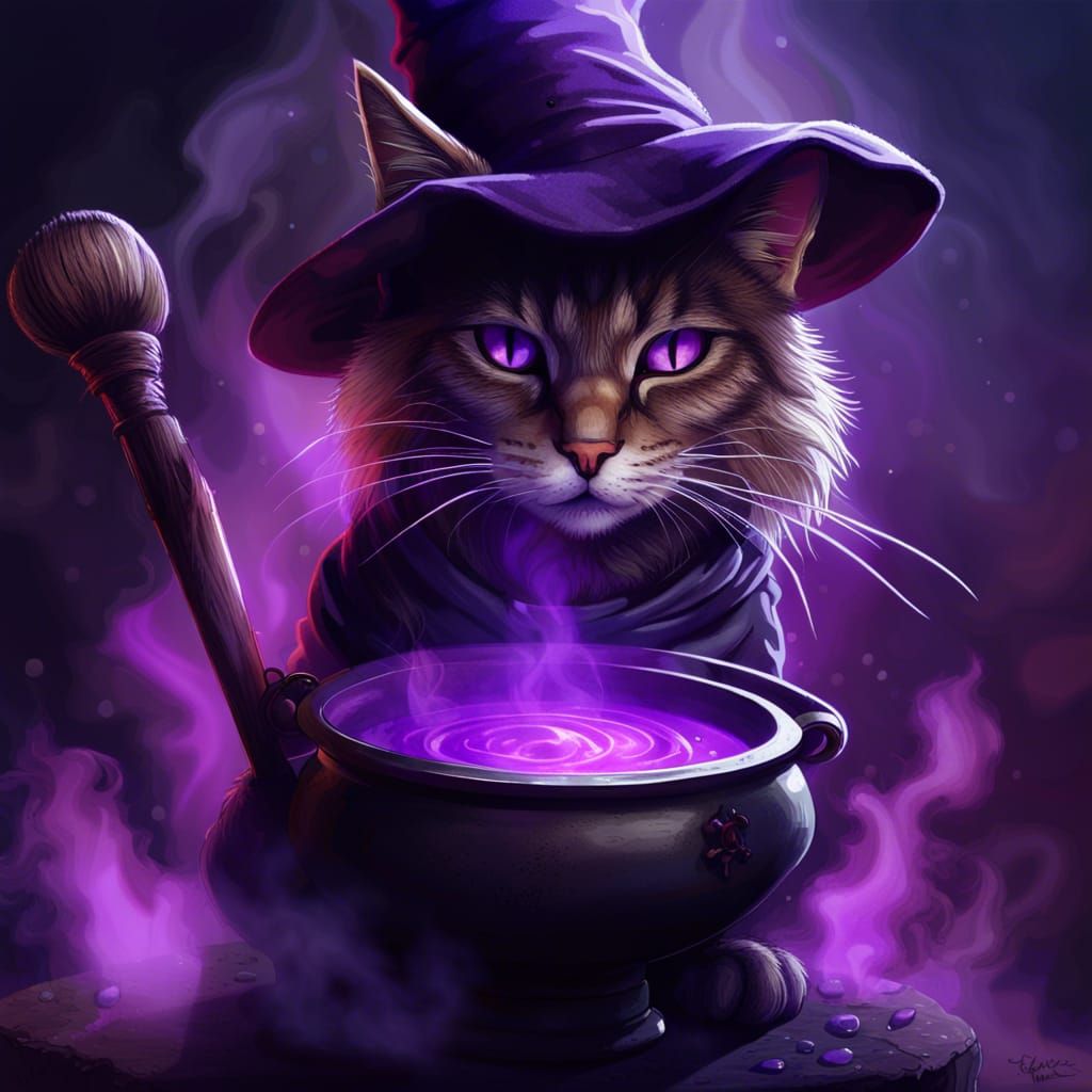Tabaxi Witch with Cauldron in Dark Fantasy Style