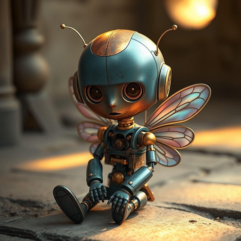 Elegant Steampunk Robot with Insect Wings in Warm Golden Lig...