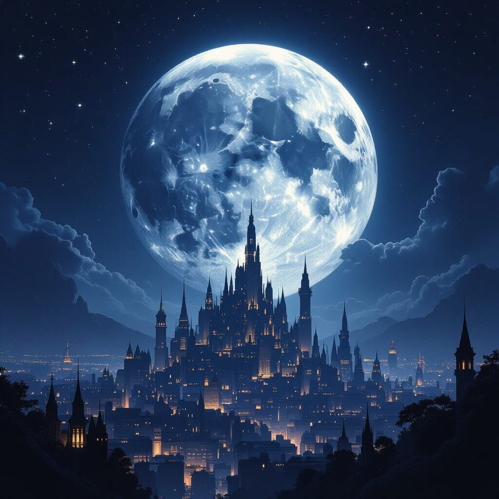 Glowing Moon City with Ethereal Aura