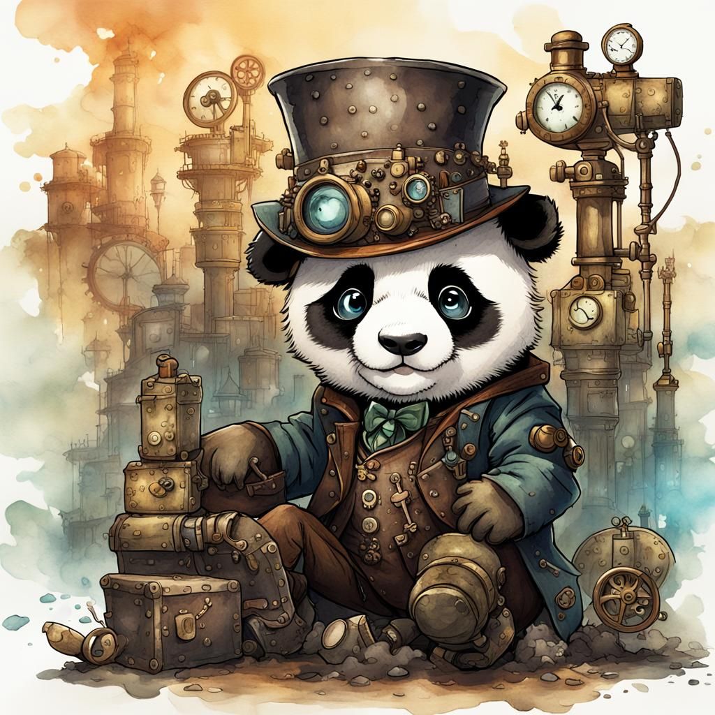 Clumsy Steampunk Panda: Watercolor Portrait in Quentin Blake...