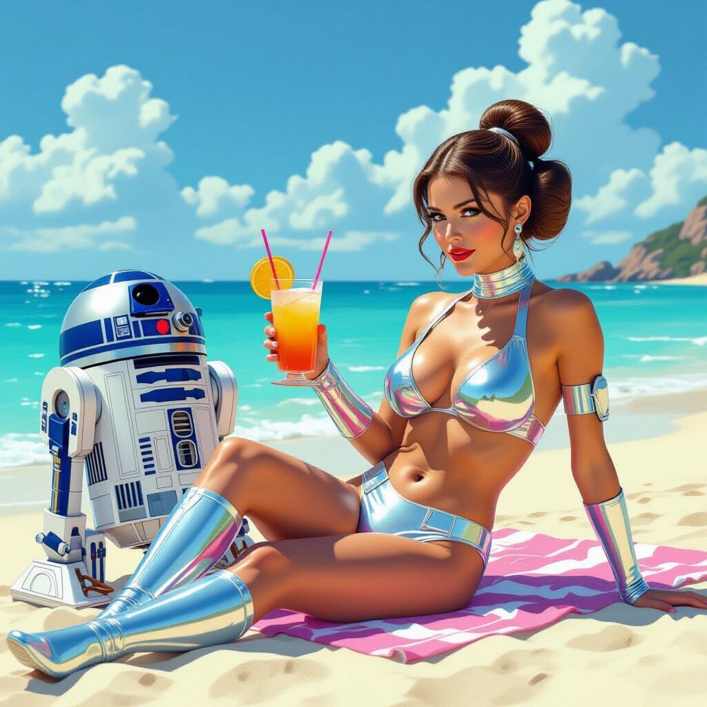 Sci-Fi Beach Scene with Robot Bartender