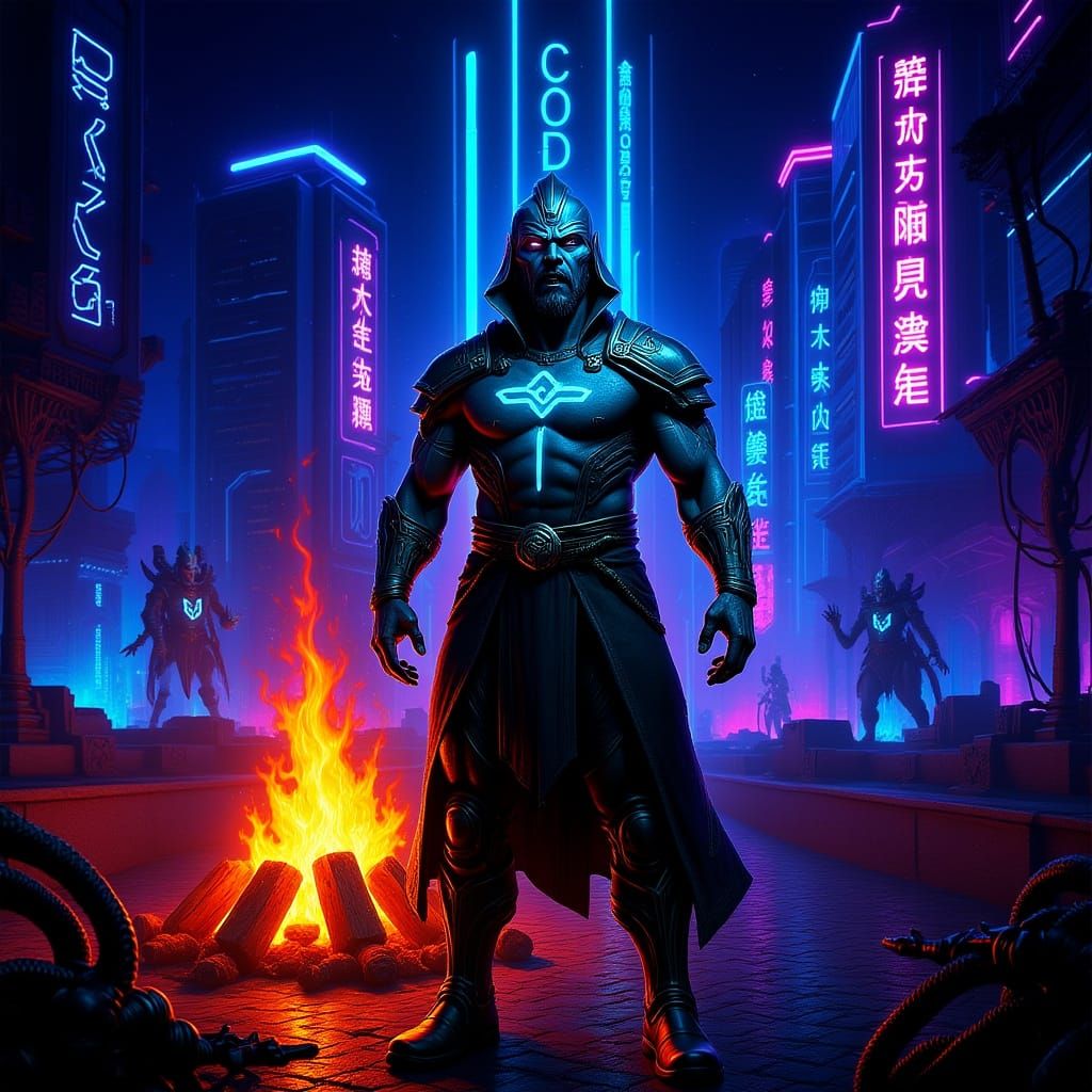 Cyberpunk Shaman Chanting Before Holographic Bonfire