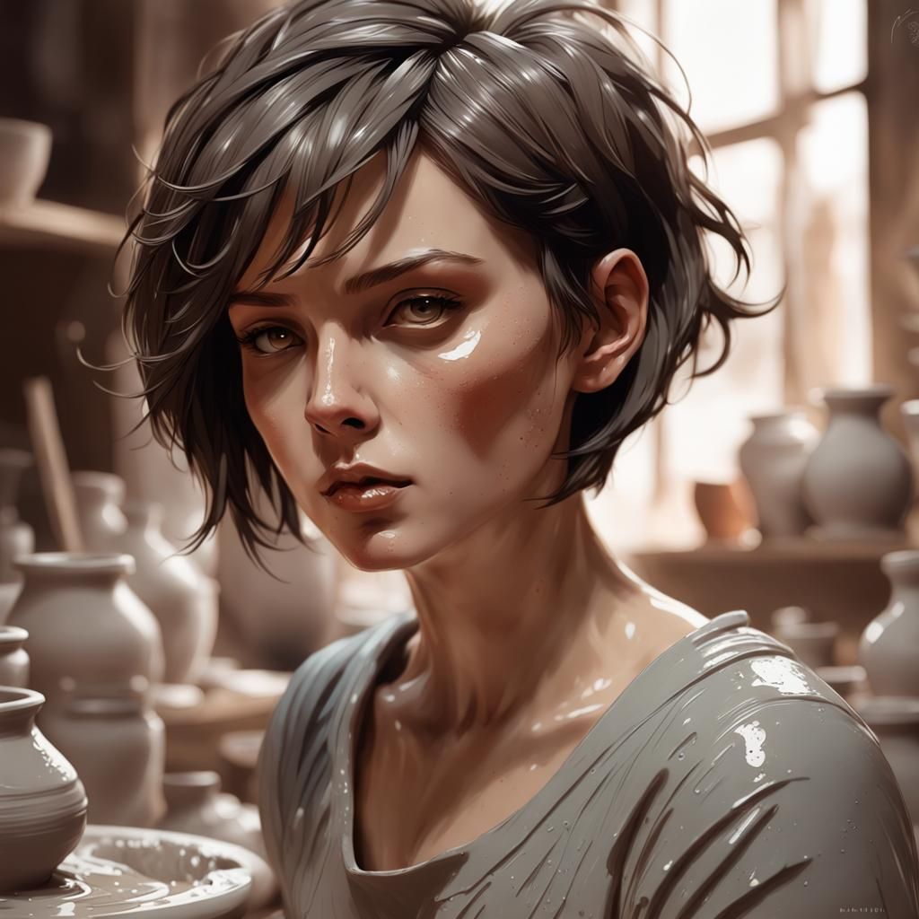 Brunette Woman Creating Ceramic Clay Art