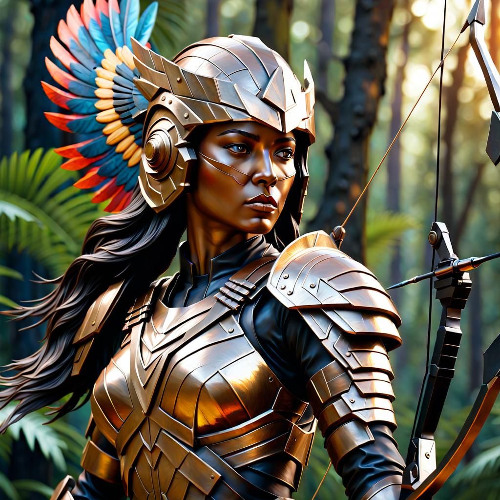 Indigenous Woman Warrior in Brutalist Sci-Fi Bronze