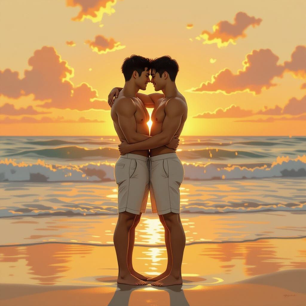 Gay Couple Embracing in Golden Sunrise, Yamato-e Style