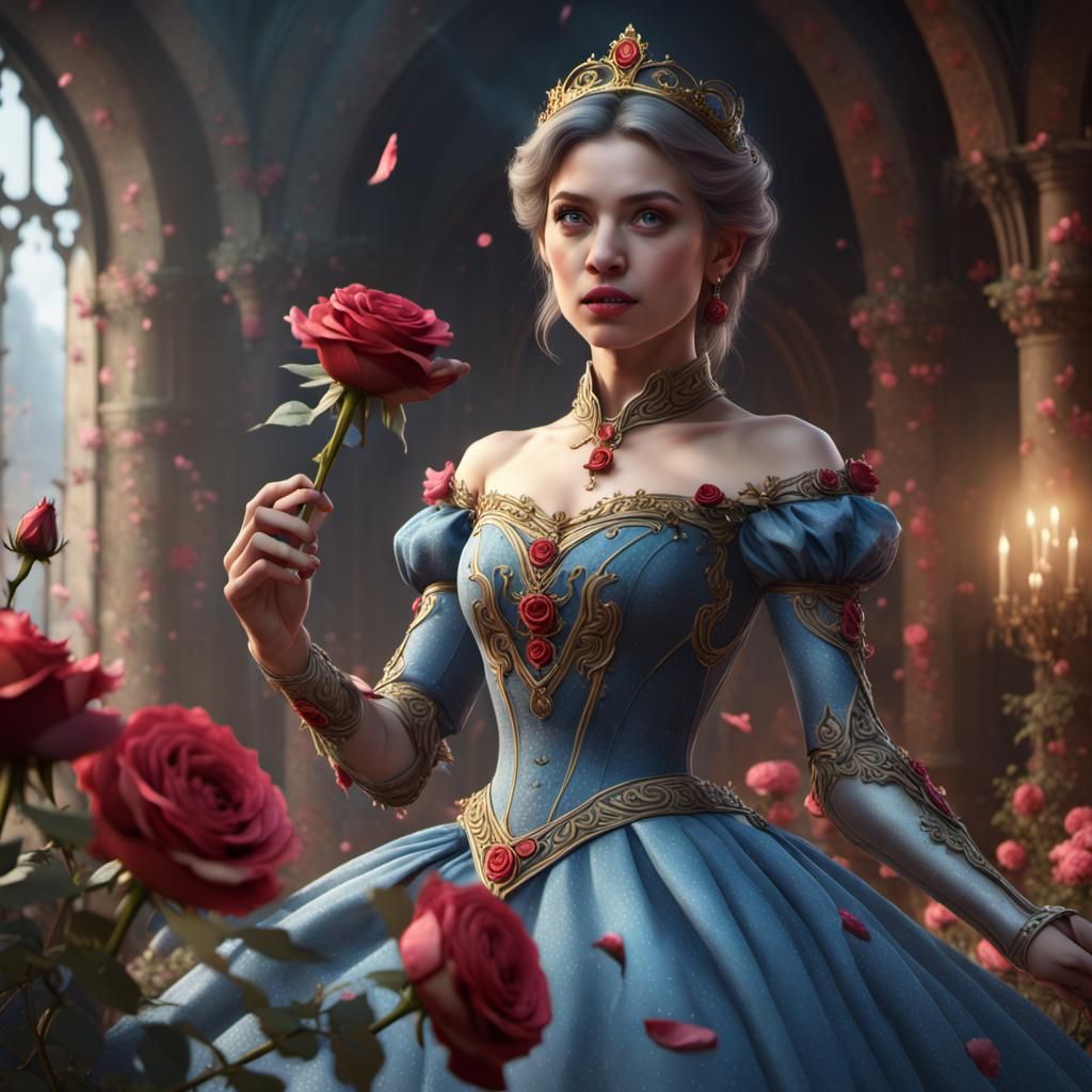Princess Playing with Roses in Fantasy Garden