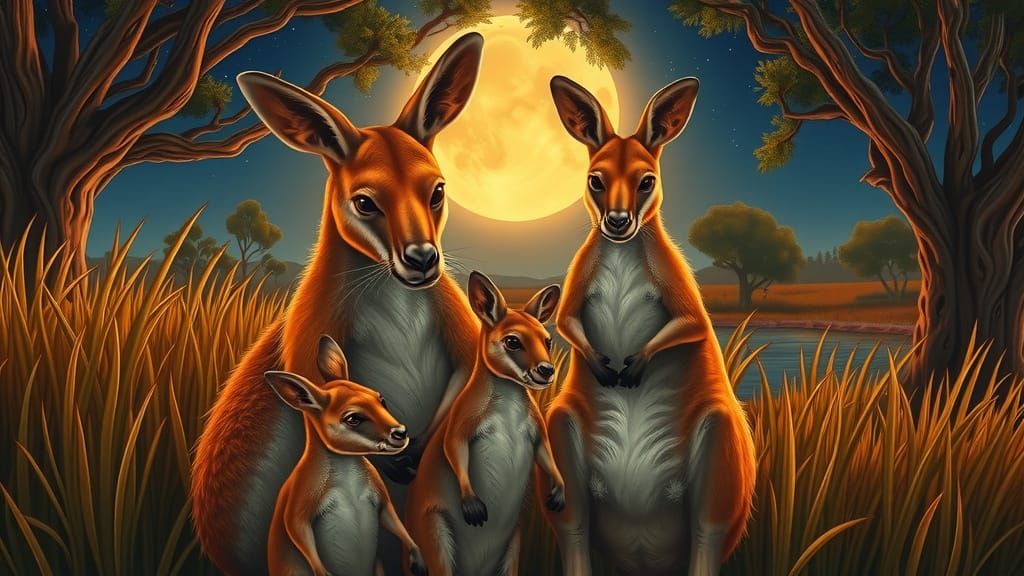 Australian Twilight Scene with Family of Kangaroos