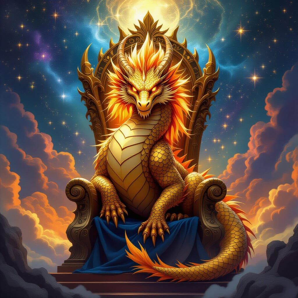 Leo Zodiac Dragon on Celestial Throne in Epic Fantasy Art