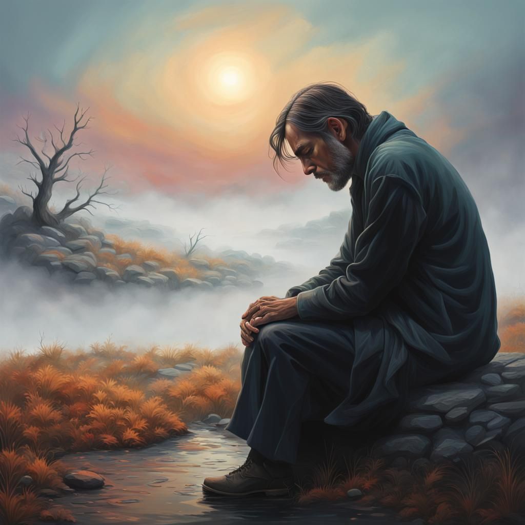 Mourning Man in Foggy Landscape: Hyperrealistic Splash Art