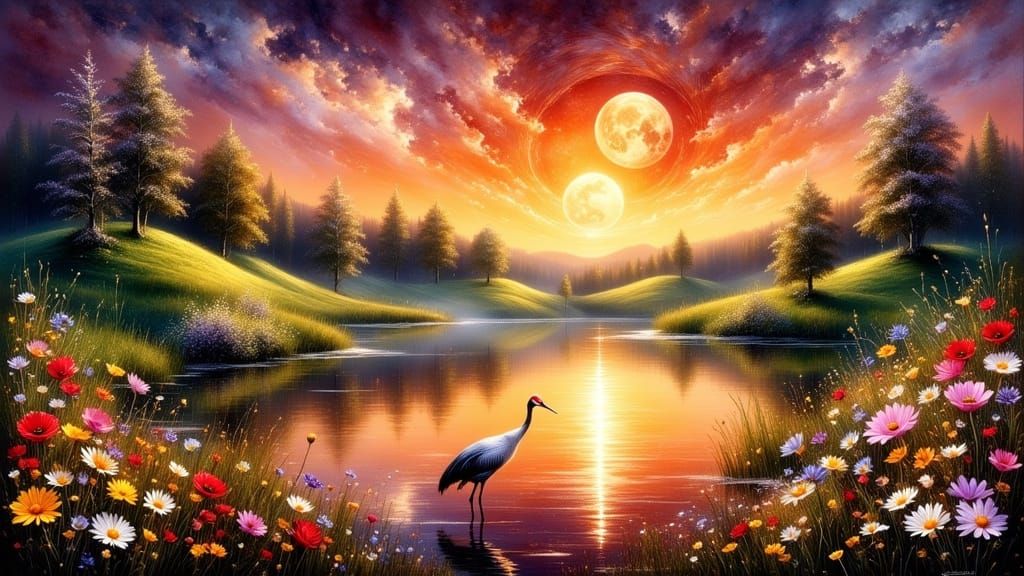 Crimson Moon Over Emerald Hills Oil Painting