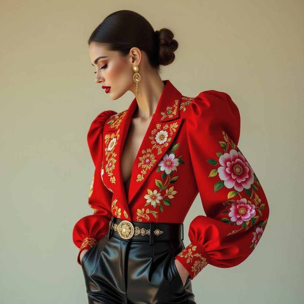 Elegant Woman in Crimson Jacket, Editorial Fashion Photograp...