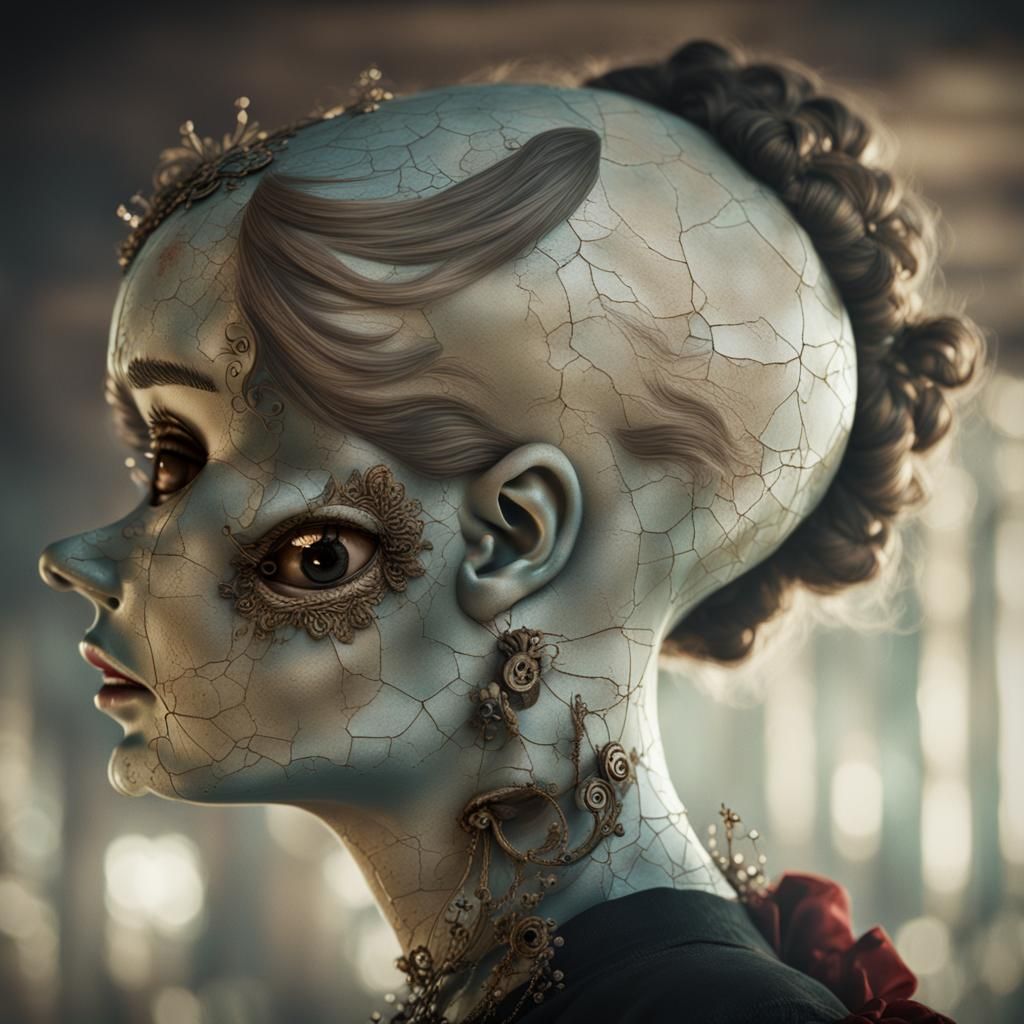 Cracked Doll Mask in Dark Fantasy Style