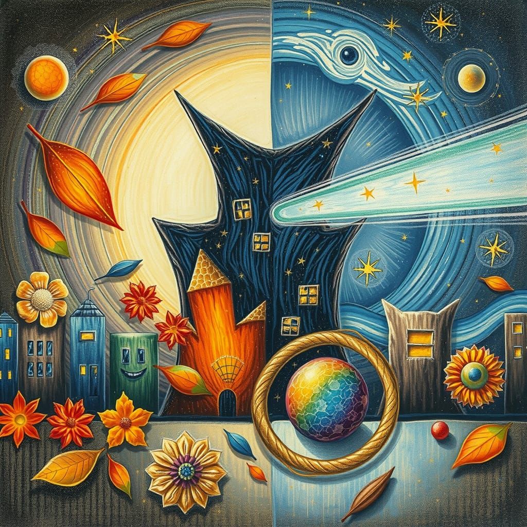 Whimsical Cosmic Cityscape in Crayon-Drawn Style with Dark E...