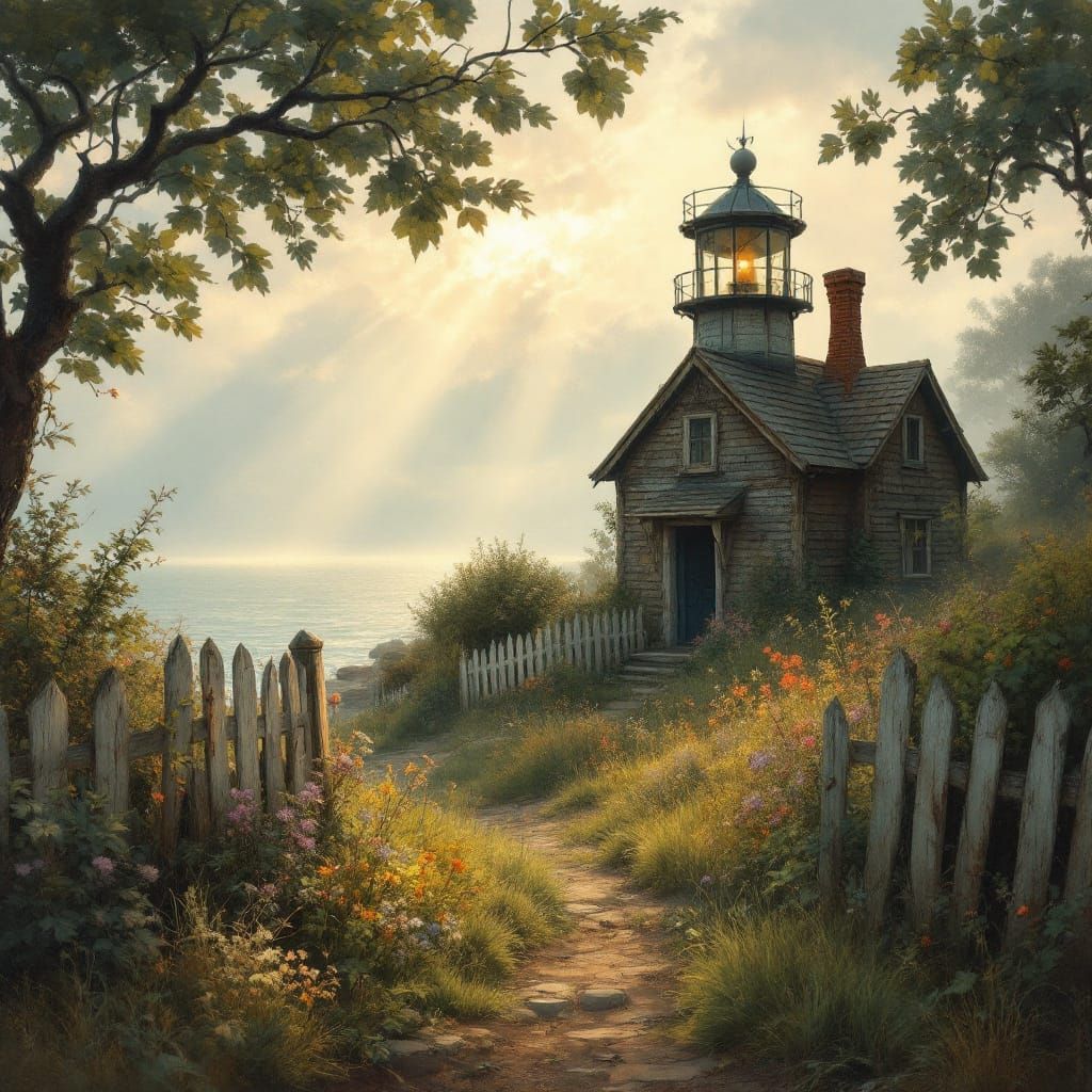 Charming Lighthouse in Wild Garden with Dappled Sunlight
