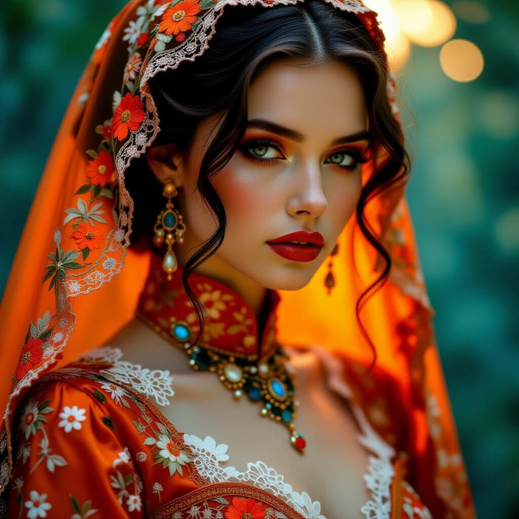 Woman in Brocade Gown: Hyper-Realistic Oil Painting