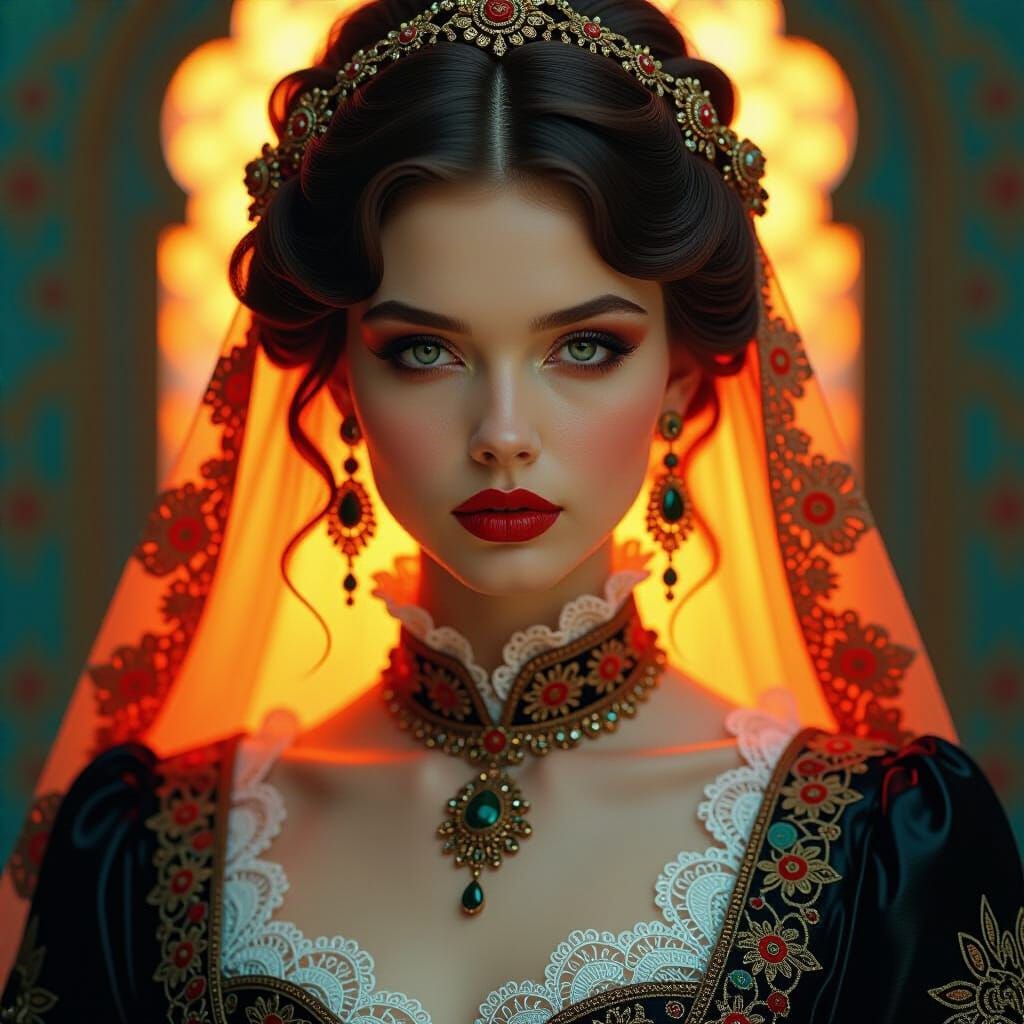 Ornate Portrait Blending Mysticism and Neon Futurism
