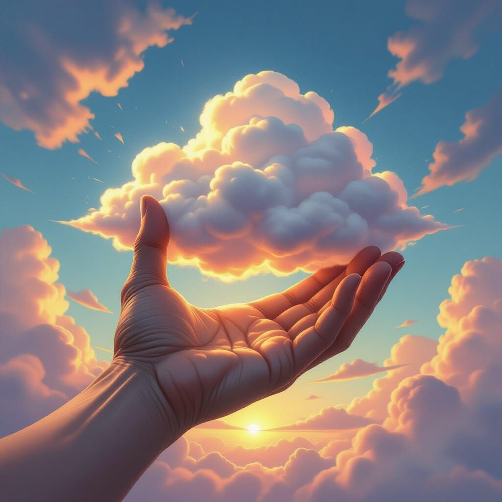 Giant Hand Cradles Luminous Cloud in Vibrant Sky Concept Art