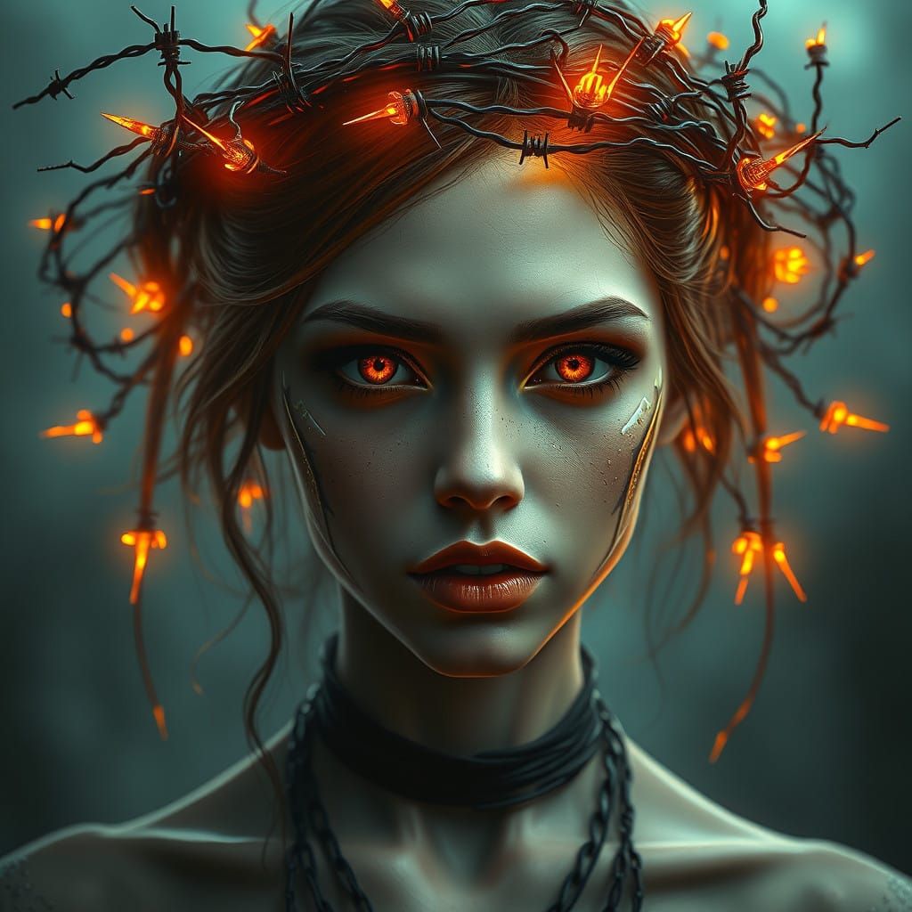 Ethereal Elegance: A Female Figure in a Haunting Barbed Wire...