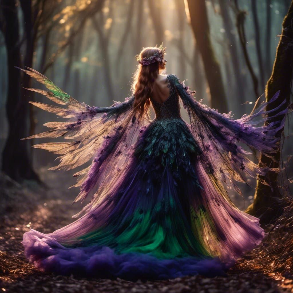 Iridescent Crow Fairy Dancing in Misty Forest