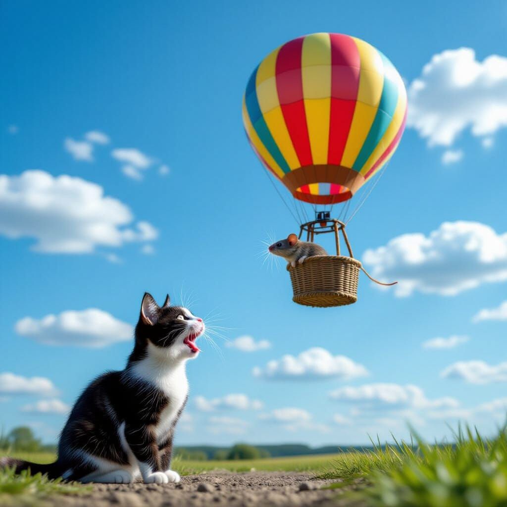Cat Gazes Up At Mouse in Hot Air Balloon