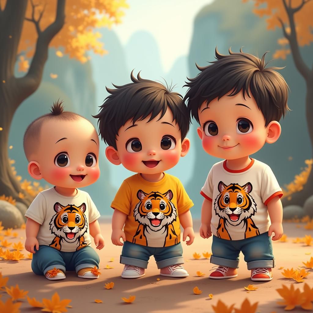 Anime Style Asian Babies with Tiger T-Shirts
