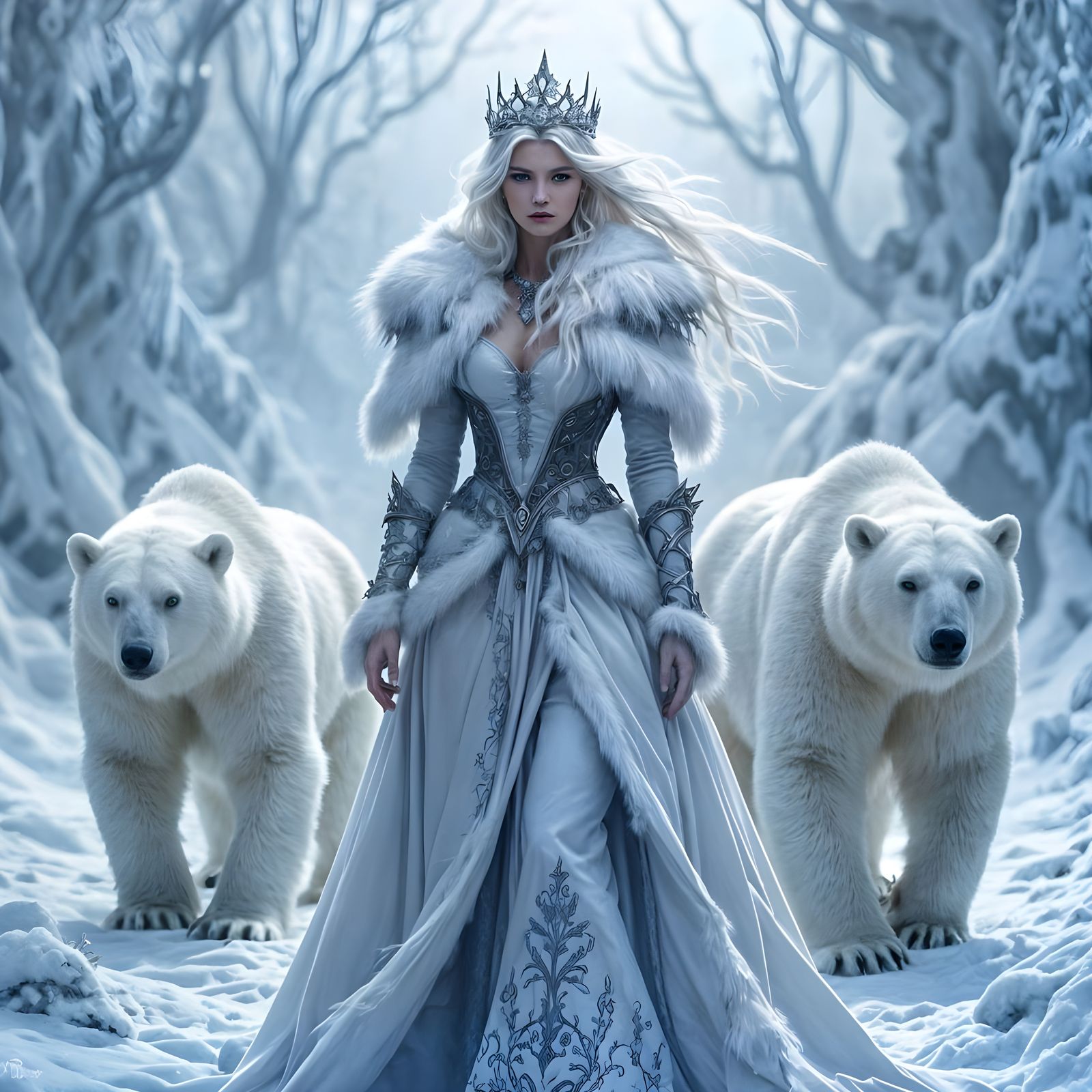 Icy Goddess Snow Queen Arrives with Polar Bear Guards