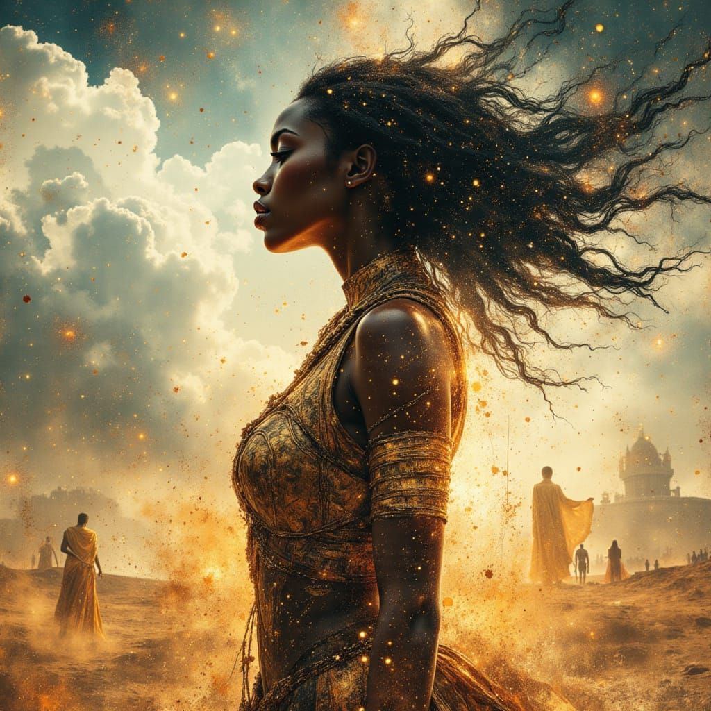 Warrior Goddess on Futuristic Battlefield in Studio Photo St...