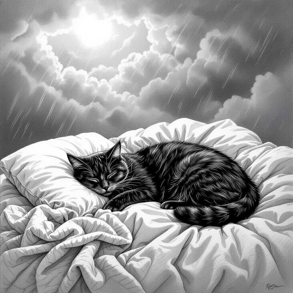 Cat Nap Amidst Storm, Black and White Pencil Sketch