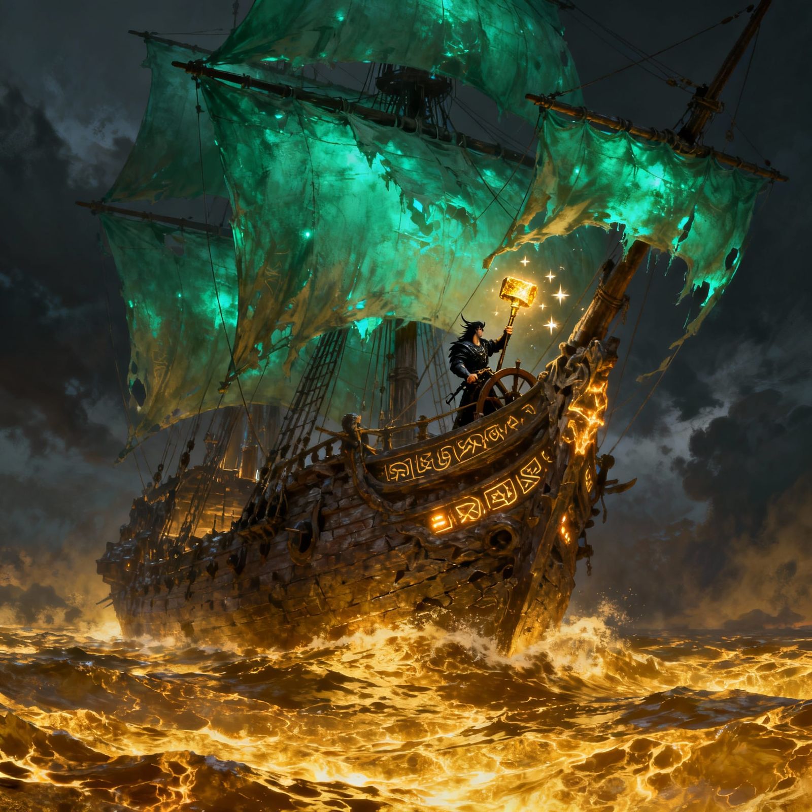 Ancient Ship Navigates Molten Gold Sea in Fantasy Art Style