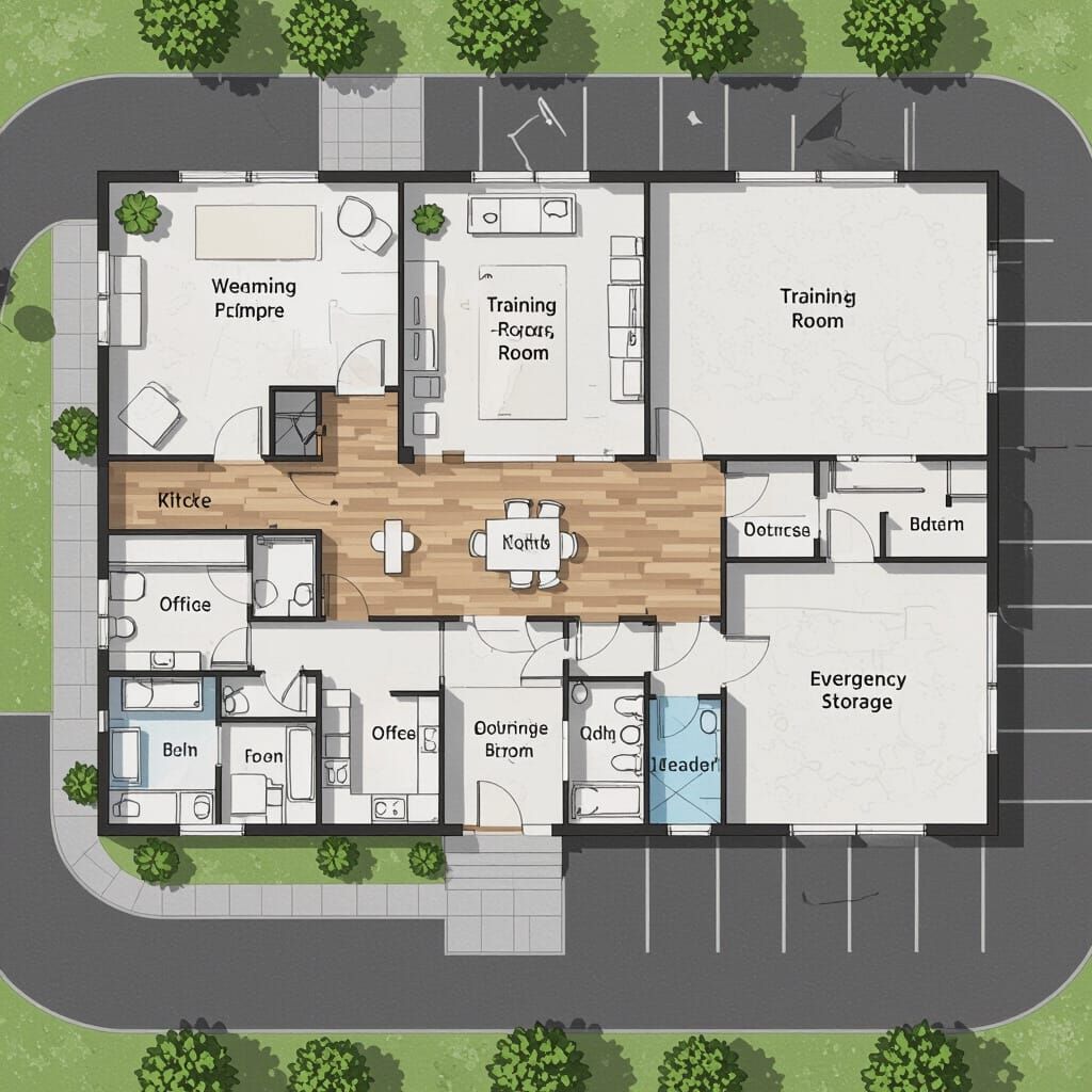Modern Training Center Floor Plan with Offices and Parking