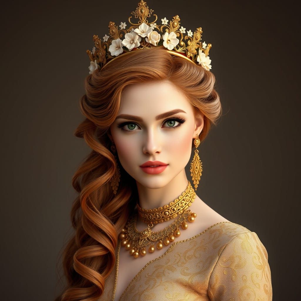 Ethereal Fantasy Portrait of a Regal Woman in Golden Attire