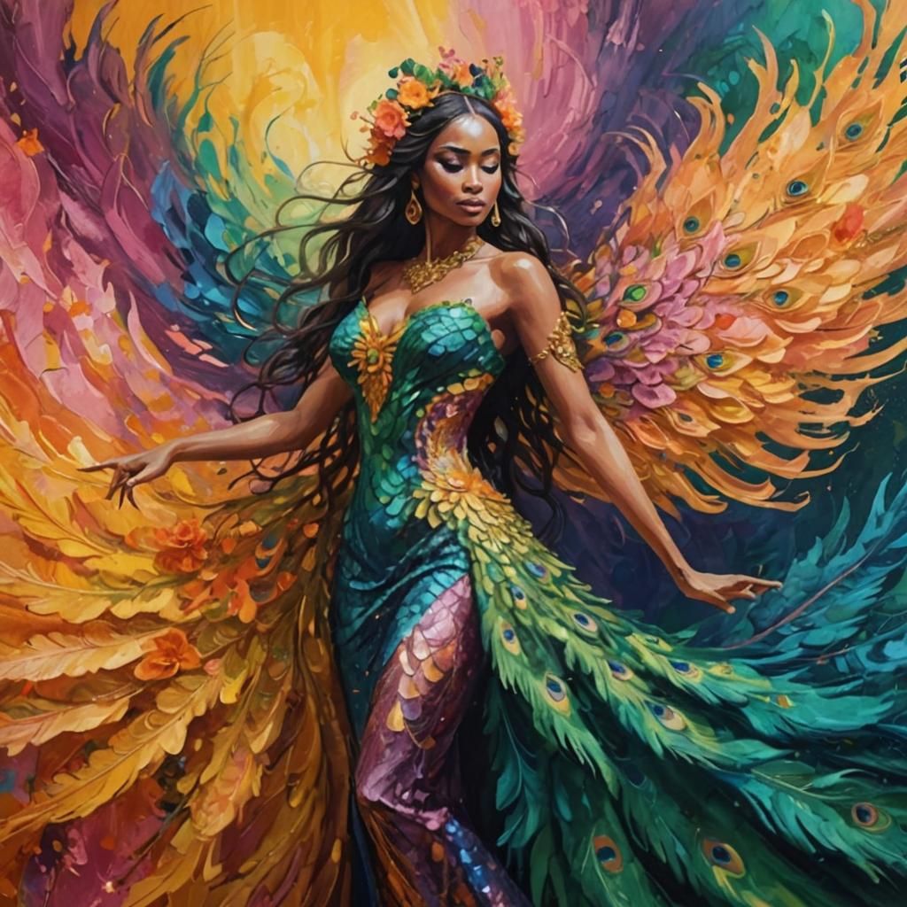 Dragon Peacock Woman in Abstract Expressionist Style