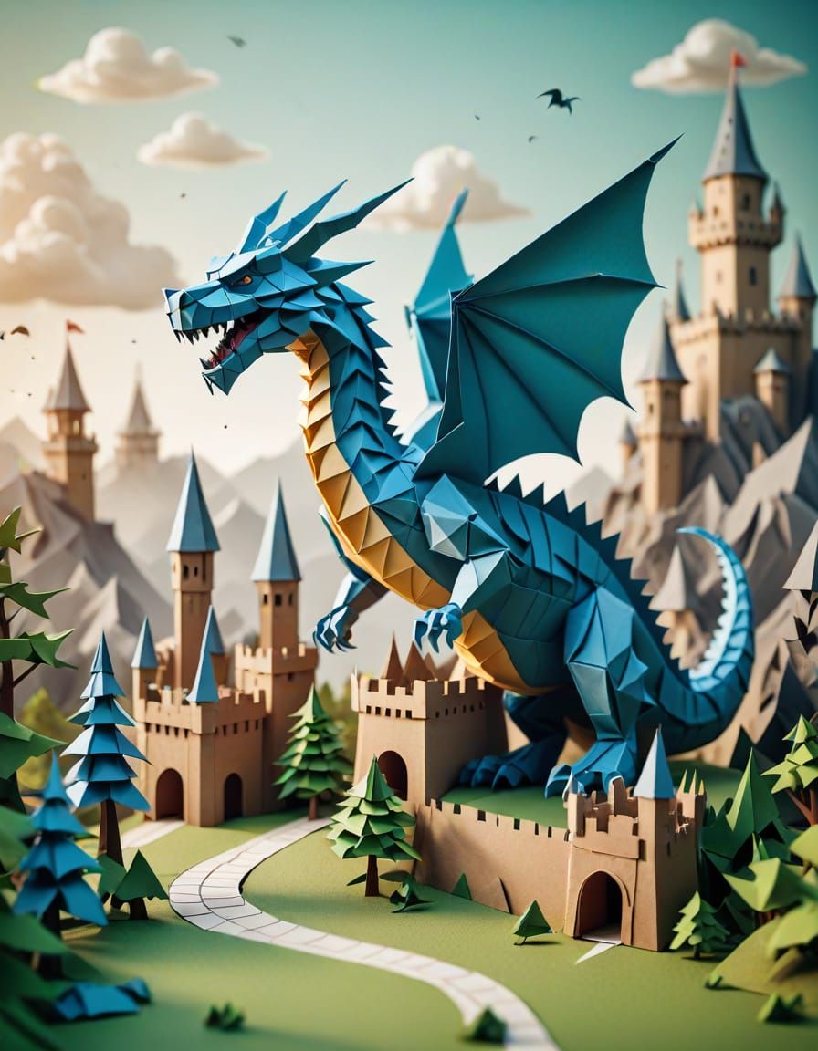 Origami Dragon Attacks Paper Castle in 8K Resolution