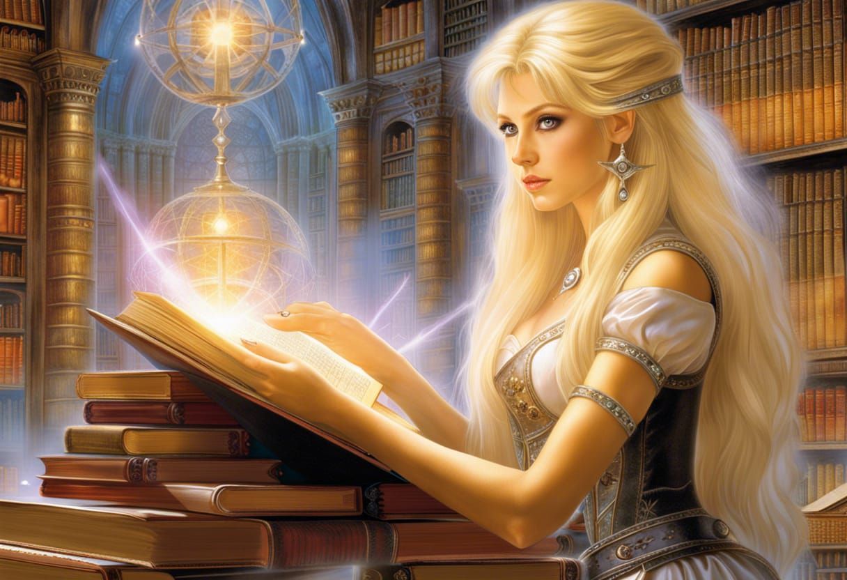 Blond Witch Studying in Magic Library, Fantasy Art