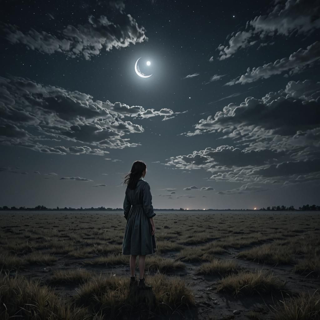 Frightened Girl in Empty Field Under Moonlight