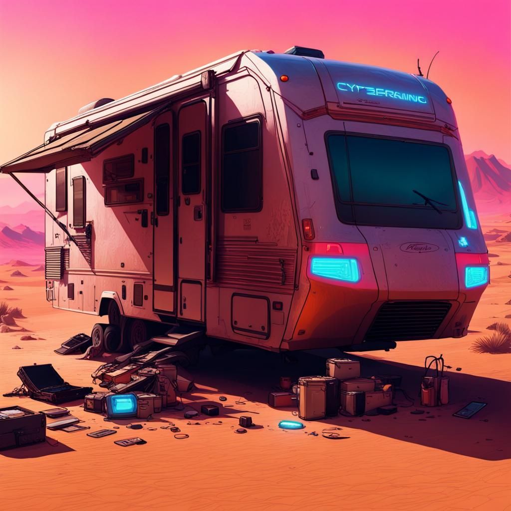 Cyberpunk RV in Desert Landscape, Neon Style
