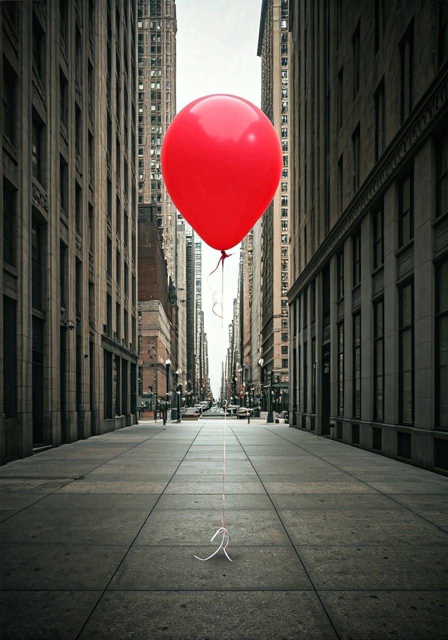 Red Balloon Drifting in Urban Pop Art Style