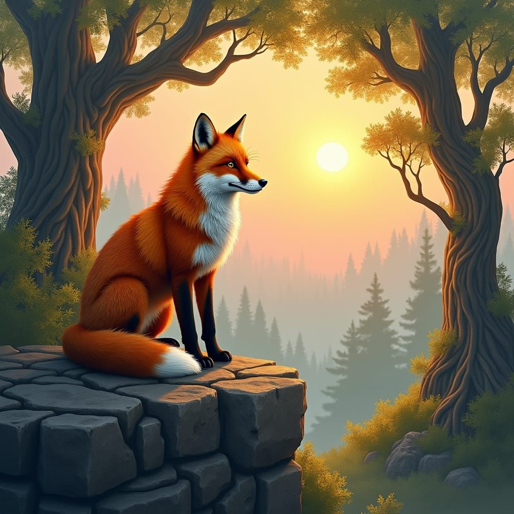 Fox Gazing at Sunset in Realistic Landscape