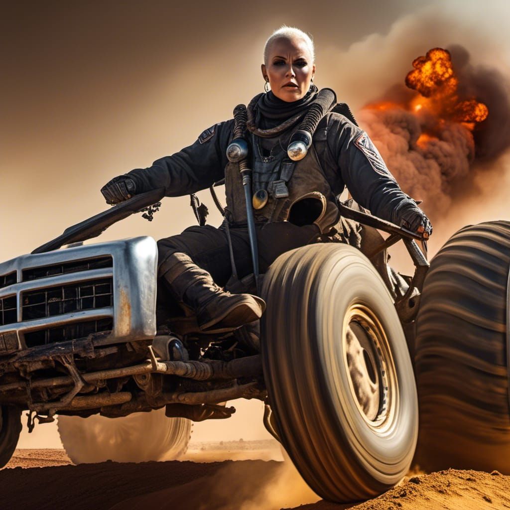 Furious Nonbinary Driver in Mad Max Inspired Scene