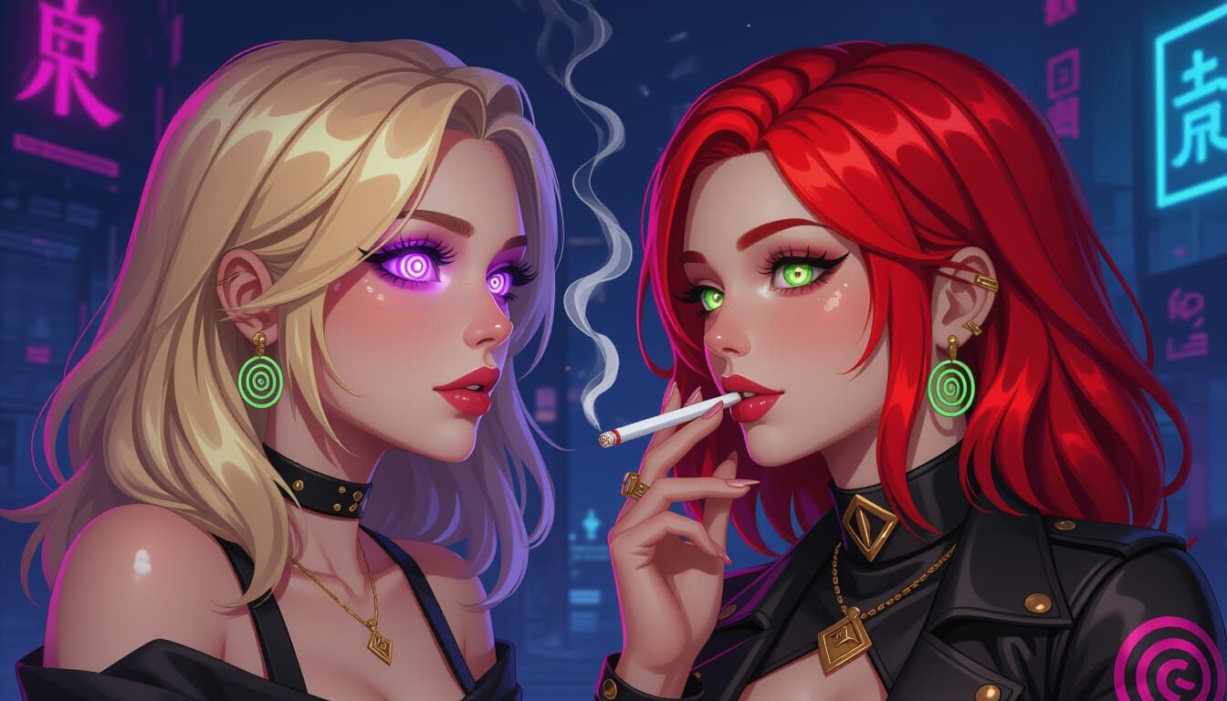 Entranced Blonde and Redhead in Cyberpunk Style