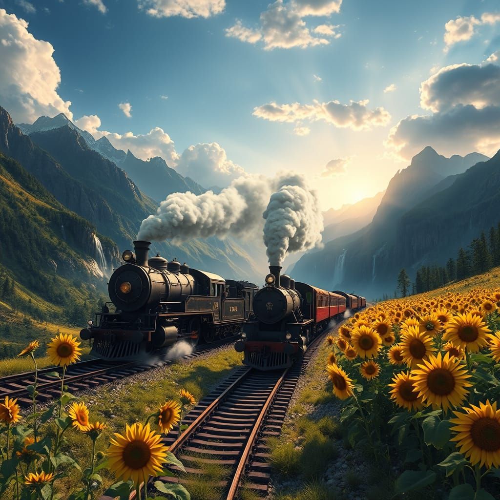 Majestic Steamtrain Conquers Winding Tracks Amidst Vibrant S...