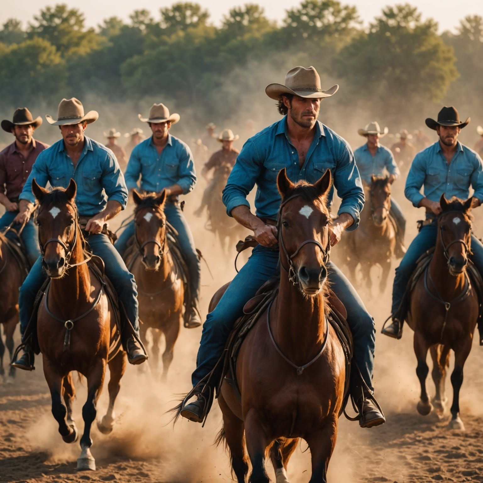 Hyperrealistic Cowboys Ride at Golden Hour
