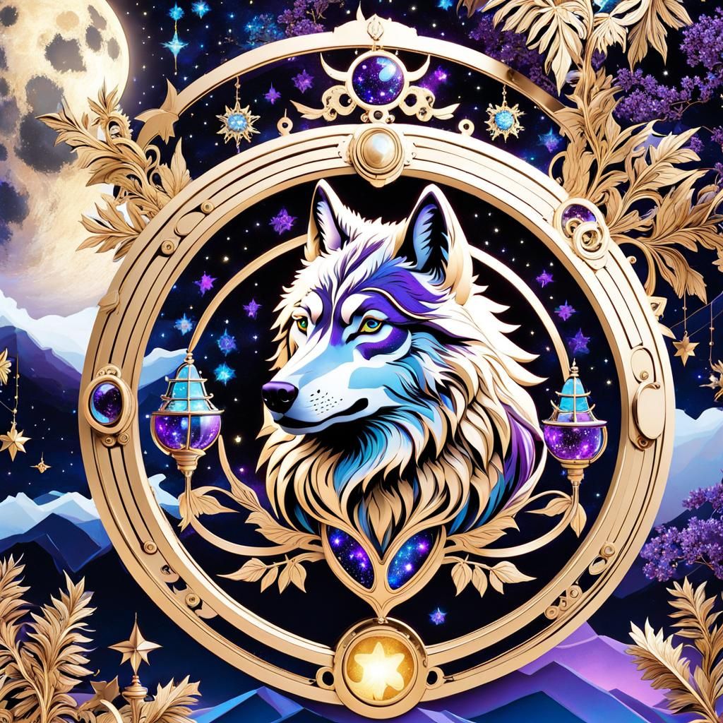 Fantasy Wolf Under Starry Sky in Steampunk Style