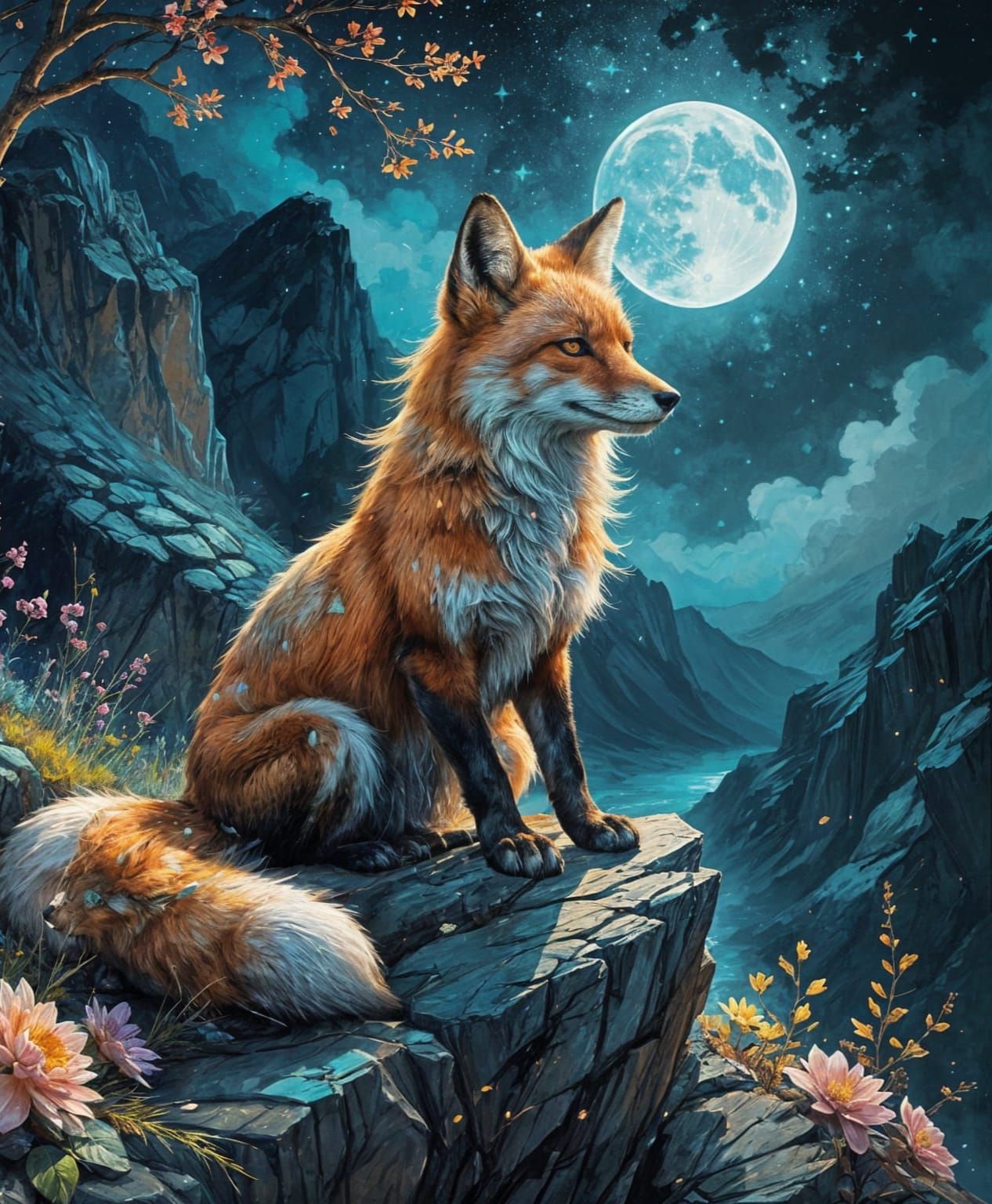 Majestic Fox with Abstract Celestial Landscape
