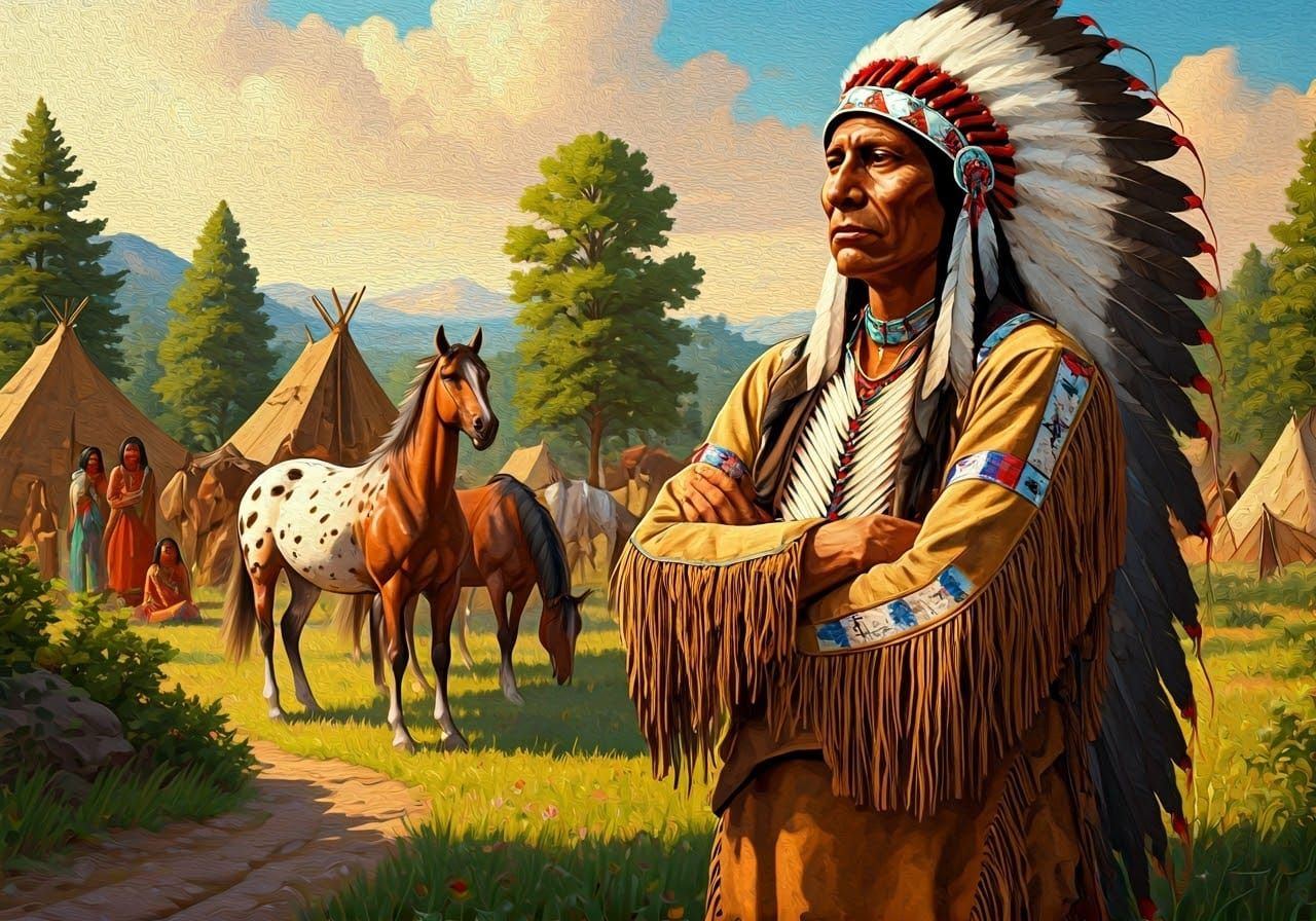 Cherokee Chief Surveys His Settlement as Oil Painting