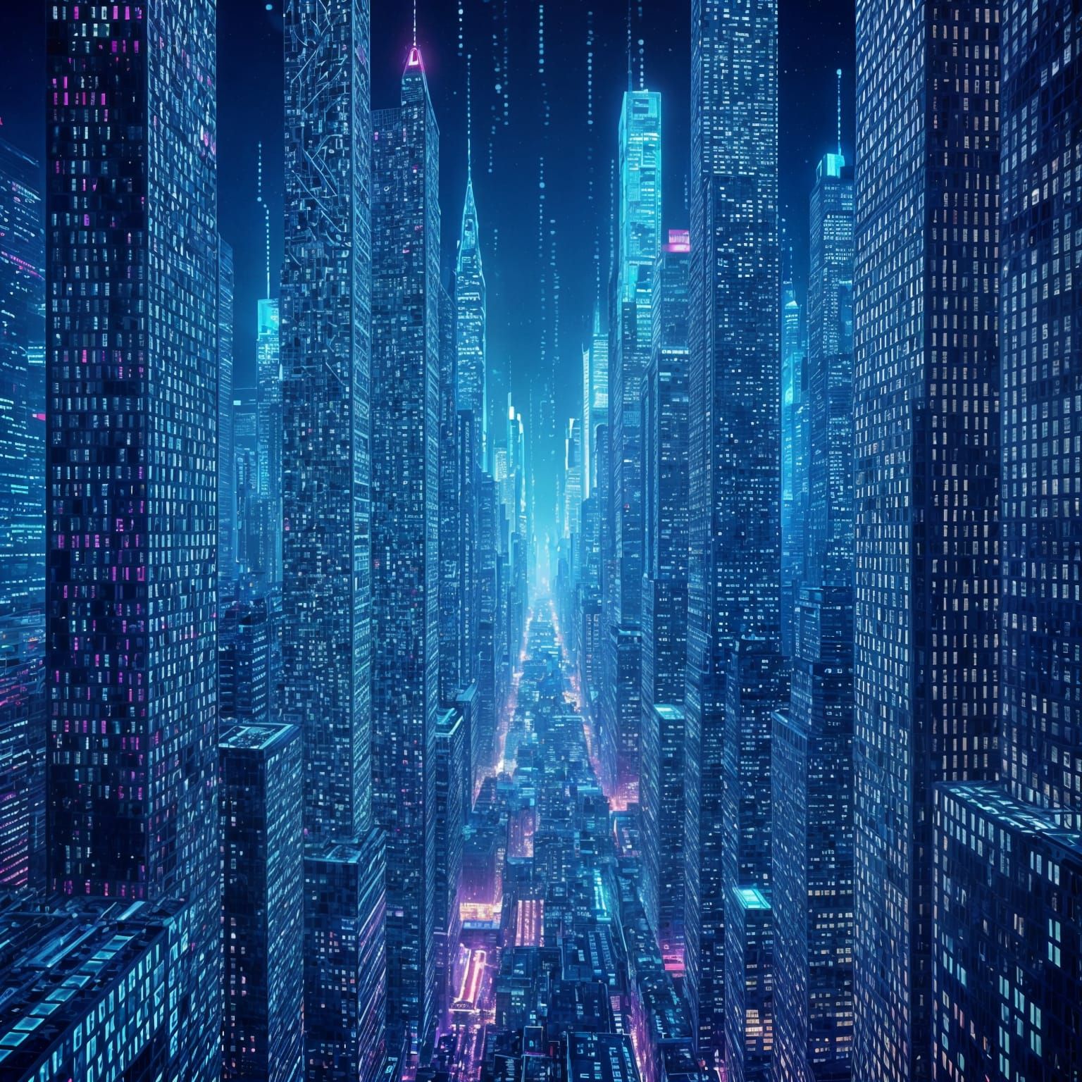 Fractal Cityscape of Binary Code in Neon Hues