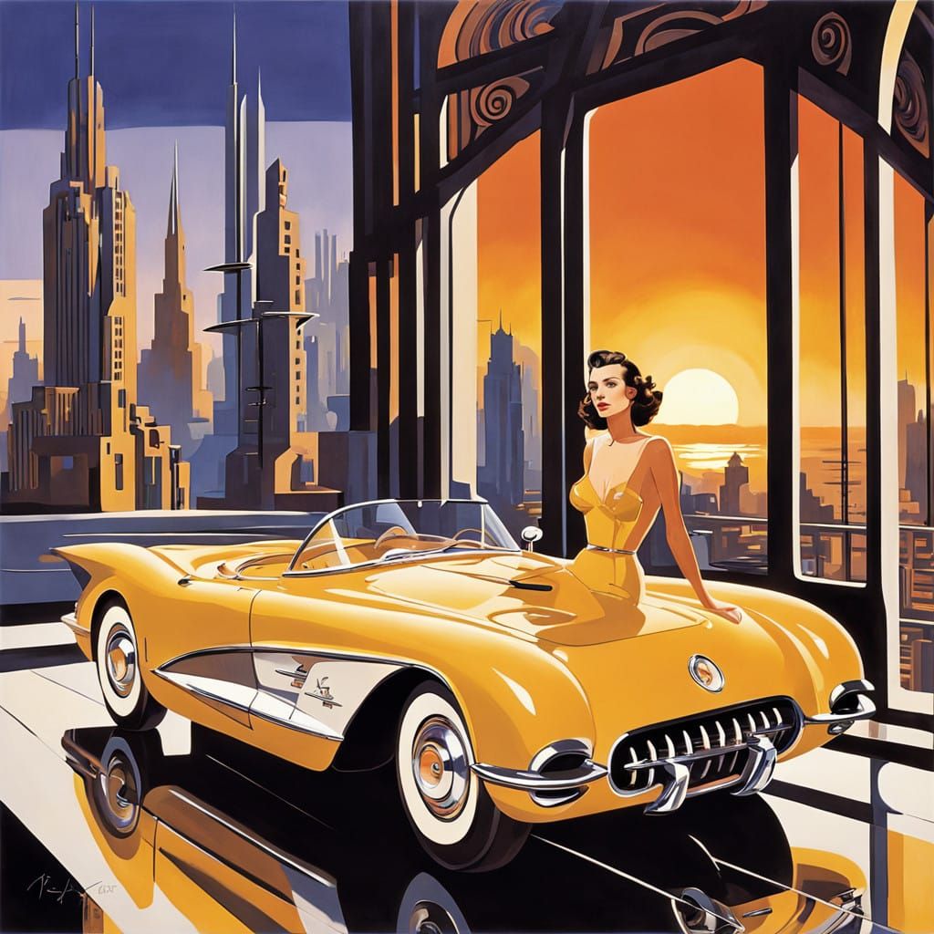 Sleek Art Deco Corvette Speeds Through Futuristic City