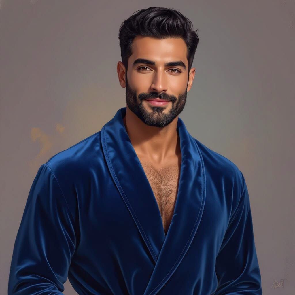 Handsome Turkish Man in Velvet Bathrobe at Sunrise